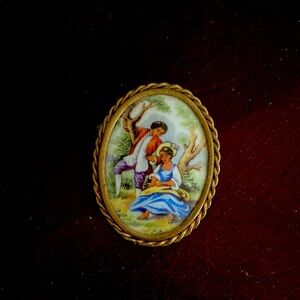 Vintage Limoges Oval Brooch with Pastoral Scene